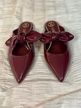 Sam and Libby Patent Leather Pointed Bow Mules — Burgundy